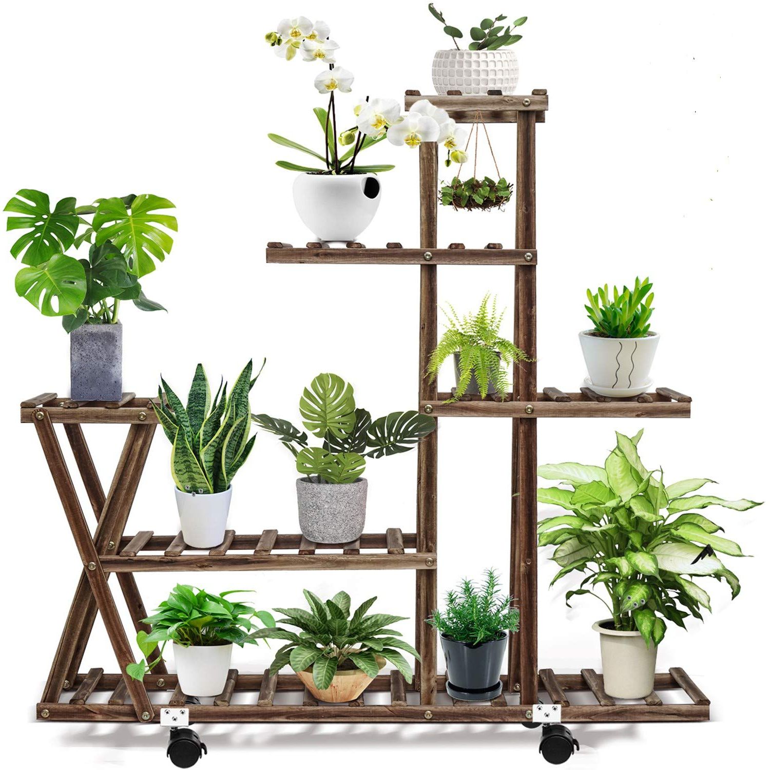 Best And Newest Outdoor Plant Stands Pertaining To Cfmour Wood Plant Stand Indoor Outdoor, Plant Display Multi Tier Flower  Shelves Stands, Garden Plant Shelf Rack Holder In Corner Living Room  Balcony Patio Yard With 3 Free Gardening Tools (View 14 of 15)