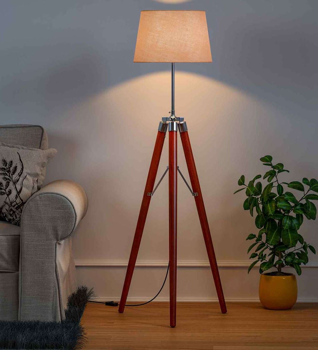 Buy Wooden Natural Brown Stick Tripod Floor Lamp Standing With Lamp Shade Kp Lamps Store Online – Tripod Floor Lamps – Floor Lamps – Lamps And  Lighting – Pepperfry Product With 2019 Tripod Standing Lamps (View 4 of 15)