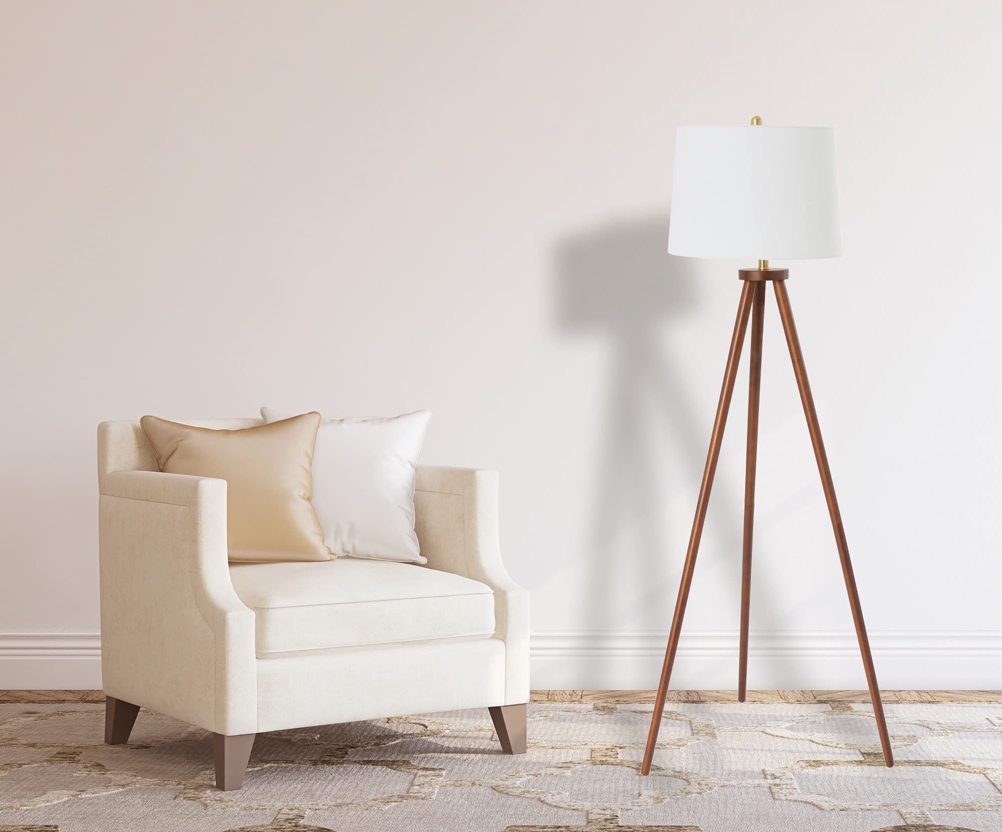 Creative Co Op A  Frame Tripod Rubber Wood Cream Linen Shade, Espresso Floor  Lamp, White In Best And Newest Rubberwood Standing Lamps (View 5 of 15)