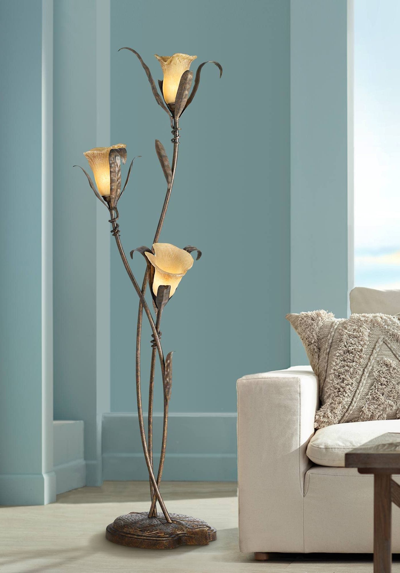 Current Flower Standing Lamps Inside Franklin Iron Works Rustic Farmhouse Sculptural Floor Lamp Standing 68 1/4"  Tall Bronze Gold 3 Light Amber Glass Intertwined Lily Flower Shade For  Living Room Reading Bedroom Office House Home – Video Projector (View 1 of 15)