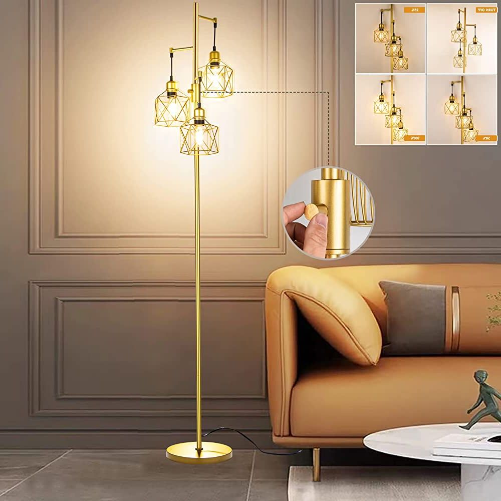 Current Gold Standing Lamps In Decorative Gold Floor Lamp,3 Light Farmhouse Floor Lamps For Living Room  With Smooth Dimmable ( Adjust Brightness Nightlight ), Modern Style Standing  Tall Lamp Of Diamond Cage – Bulb Included (View 2 of 15)