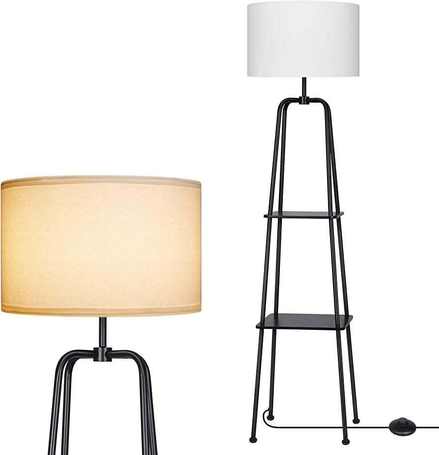 Dewenwils 60 Inch Modern Black Floor Lamp With Shelves, 2 Tier Display  Shelf, Reading Lamp With White Linen Drum Shade, Standing Storage Lamp For  Living Room, Bedroom, Office Intended For Trendy Standing Lamps With 2 Tier Table (View 1 of 15)