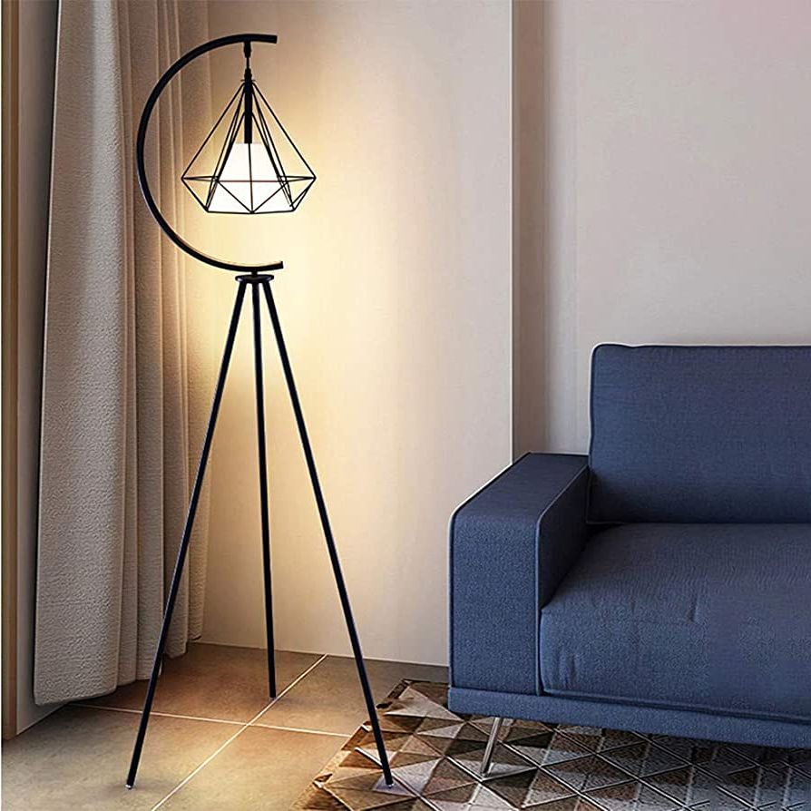Diamond Shape Standing Lamps Pertaining To Most Current Lakiq Living Room Floor Lamp Iron Diamond Cage Standing Lamp With Inner  Fabric Shade Tripod Modern Plug In Standing Lighting For Bedroom Office  (black) – – Amazon (View 1 of 15)