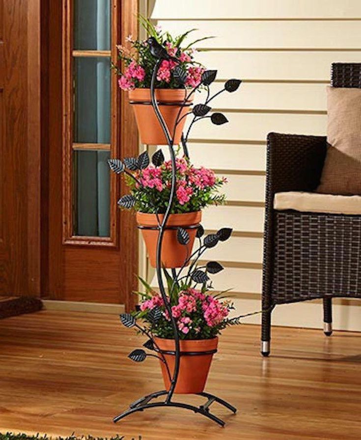 Famous 3 Pot Metal Plant Stand Vertical Branches Leaves Bird Outdoor Garden Decor  Black #unbranded #gardendecorati… (View 8 of 15)
