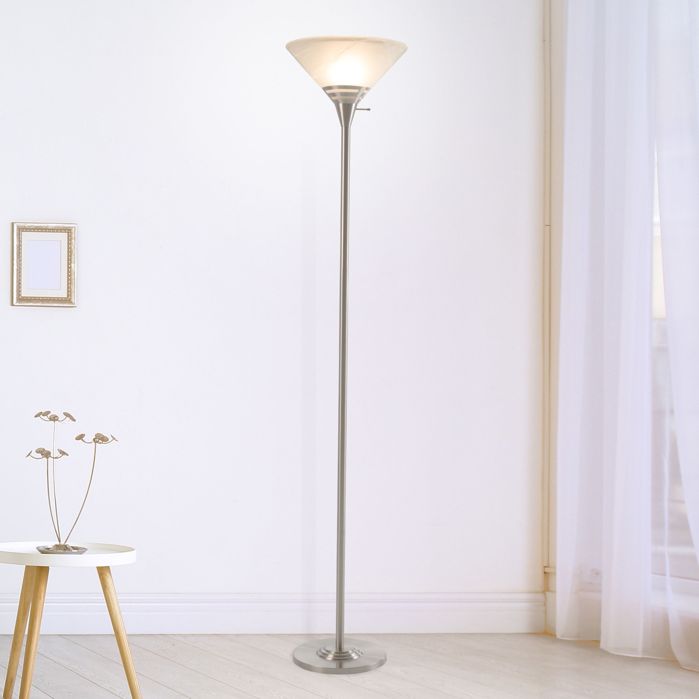 Famous 75 Inch Standing Lamps Throughout Torchiere Brushed Silver Metal Floor Lamp 75 Inch Led Bulb Frosted Glass  Shade – Walmart (View 5 of 15)
