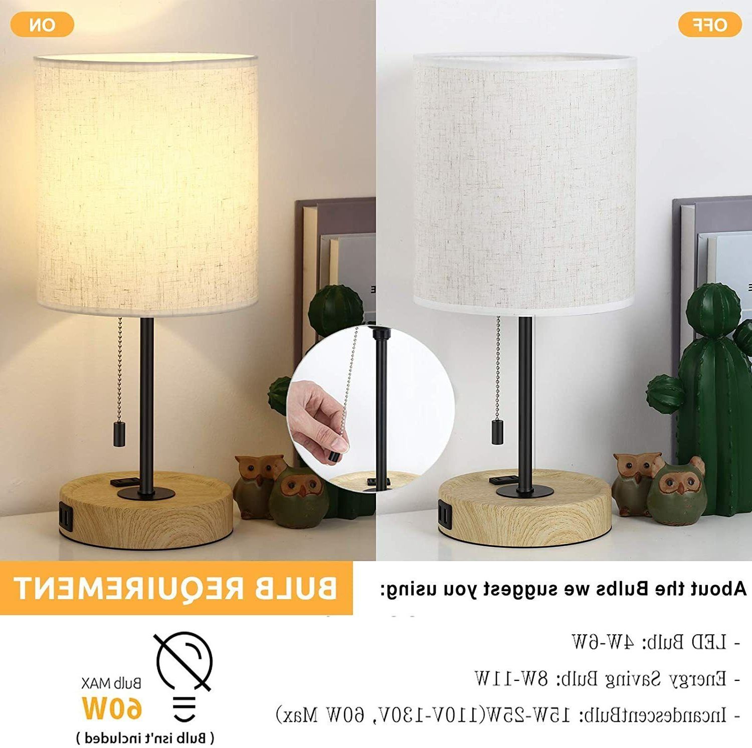 Famous Dual Pull Chain Standing Lamps Pertaining To Bedside Lamp With Dual Usb Port Outlet Pull Chain Switch Wooden Base Table  Lamp (View 10 of 15)