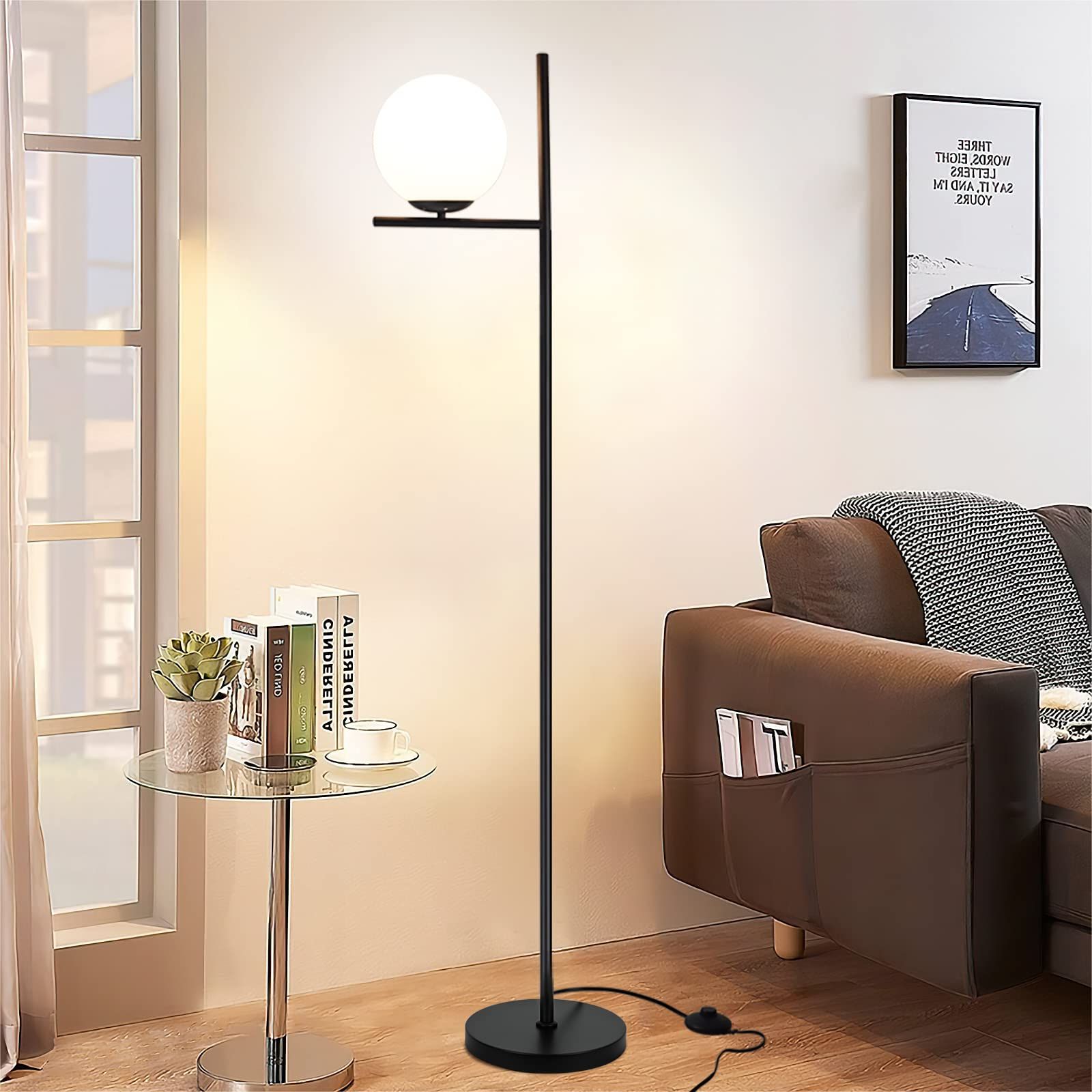 Famous Globe Standing Lamps Throughout Dllt Modern Led Sphere Floor Lamp 9w Frosted Glass Globe Standing Lamps For  Bedroom, Energy Saving Mid Century Tall Pole Standing Accent Lighting For  Living Room, Office, Bedroom, Black – – Amazon (View 9 of 15)