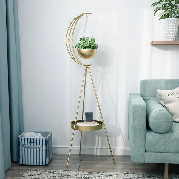 Famous Half Moon Plant Stand With Shelf In Gold Modern End Table Homary Pertaining To Plant Stands With Side Table (View 5 of 15)