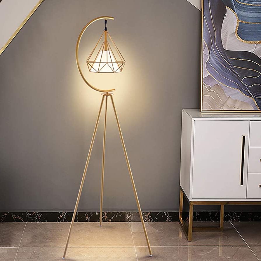 Fashionable Lakiq Living Room Floor Lamp Iron Diamond Cage Standing Lamp With Inner  Fabric Shade Tripod Modern Plug In Standing Lighting For Bedroom Office  (gold) – – Amazon Intended For Diamond Shape Standing Lamps (View 2 of 15)