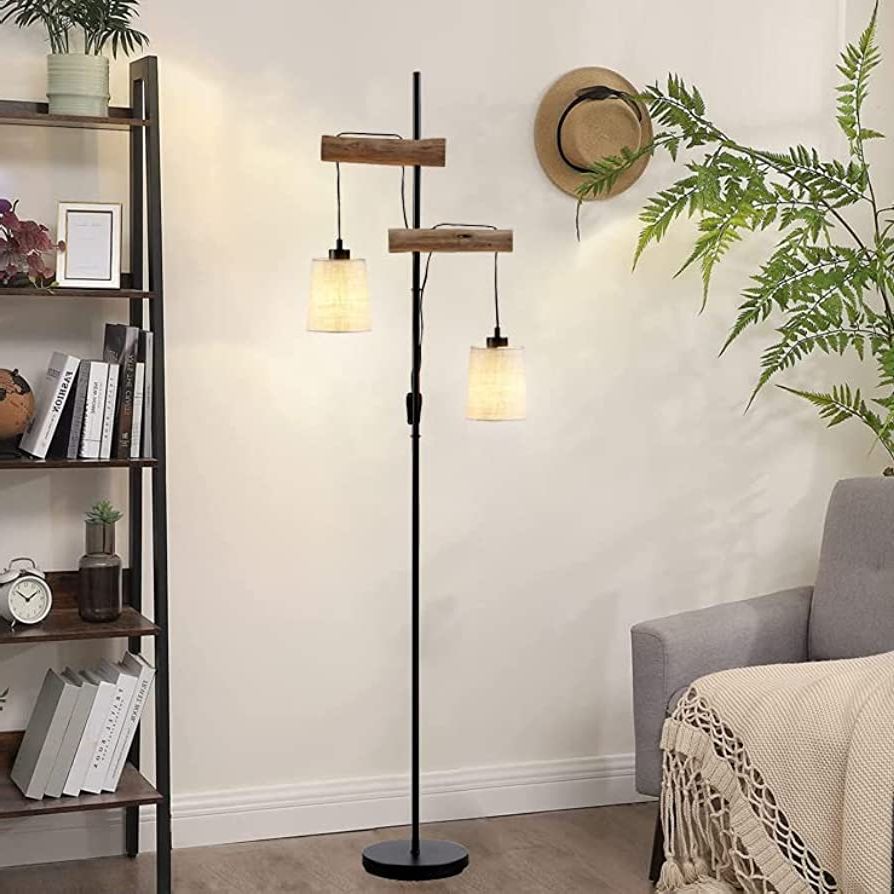 Floor Lamps For Living Room,farmhouse Industrial Floor Lamps,68 Inch 2  Lights Wood Standing Lamp,sturdy Base Tall Vintage Pole Light, Metal Black Floor  Lamps Bedroom Office Rustic Home (brown) – – Amazon With Favorite Brown Standing Lamps (View 9 of 15)