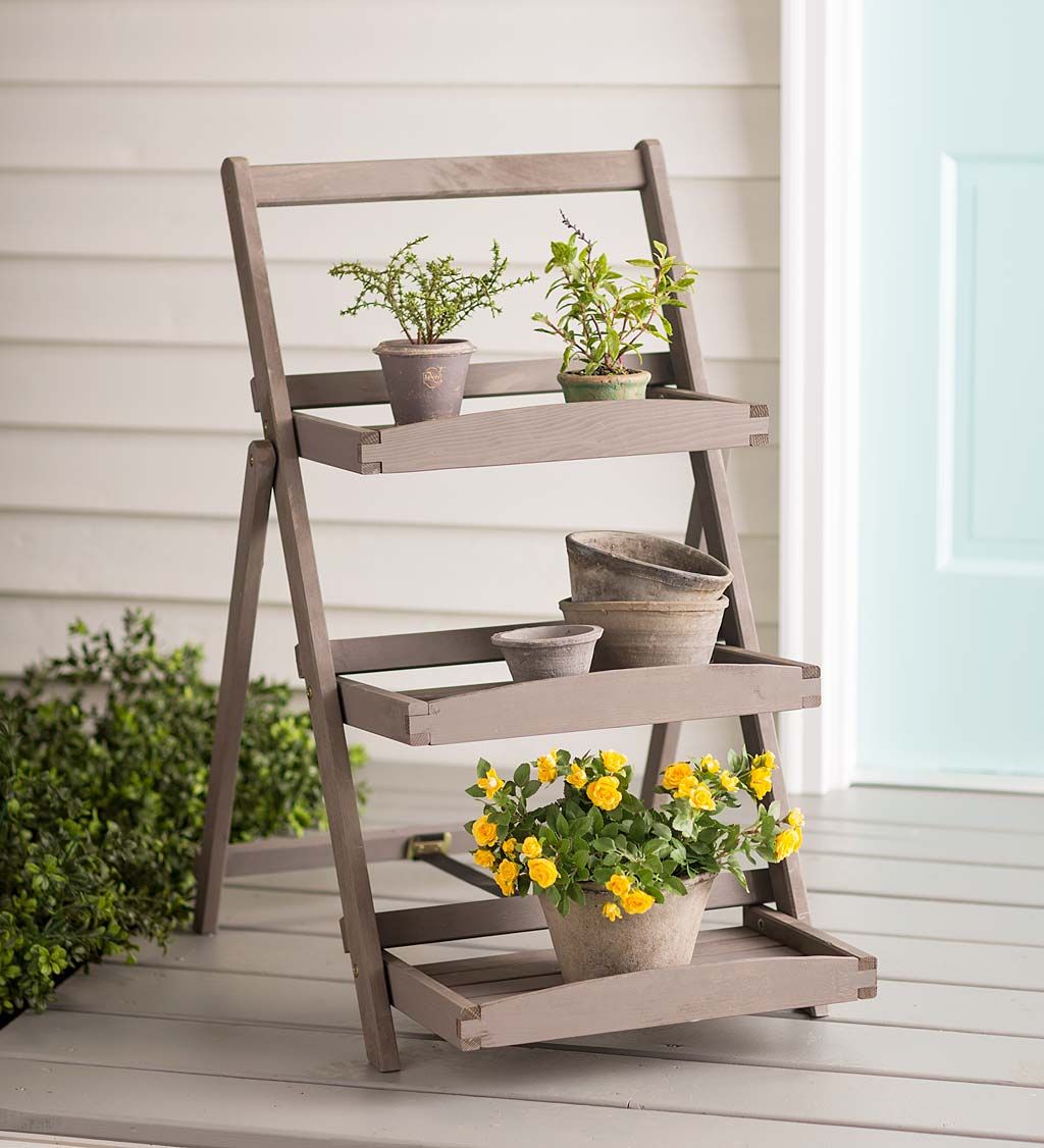 Folding Three Shelf Wooden Plant Stand In Gray Finish (View 5 of 15)