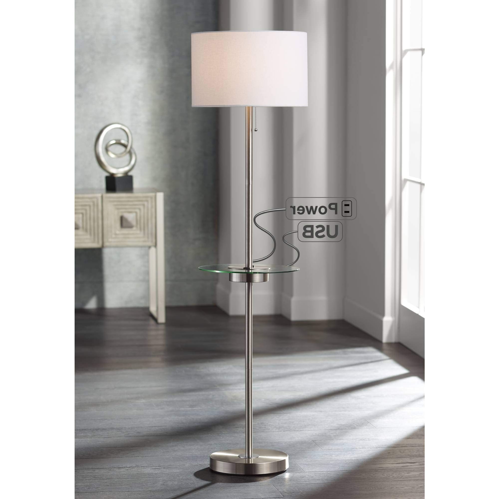 Glass Satin Nickel Standing Lamps In Fashionable 360 Lighting Caper Modern Floor Lamp With Tray Usb And Ac Power Outlet On Table  Glass (View 3 of 15)