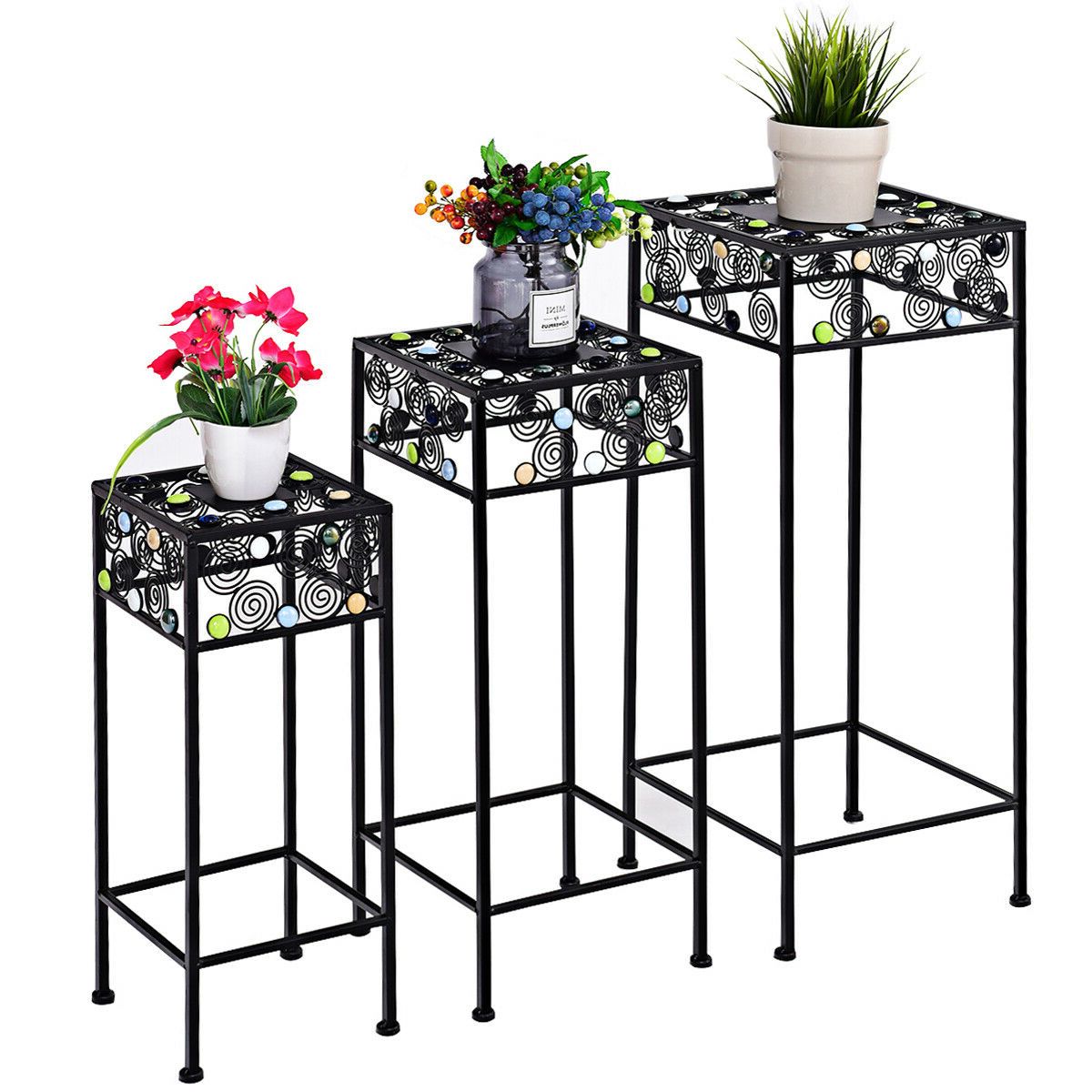 Iron Square Plant Stands Intended For Famous Ironwork Pot Plant Stand With Ceramic Beads Decor, A Set Of 3 Different  Sizes – Walmart (View 15 of 15)