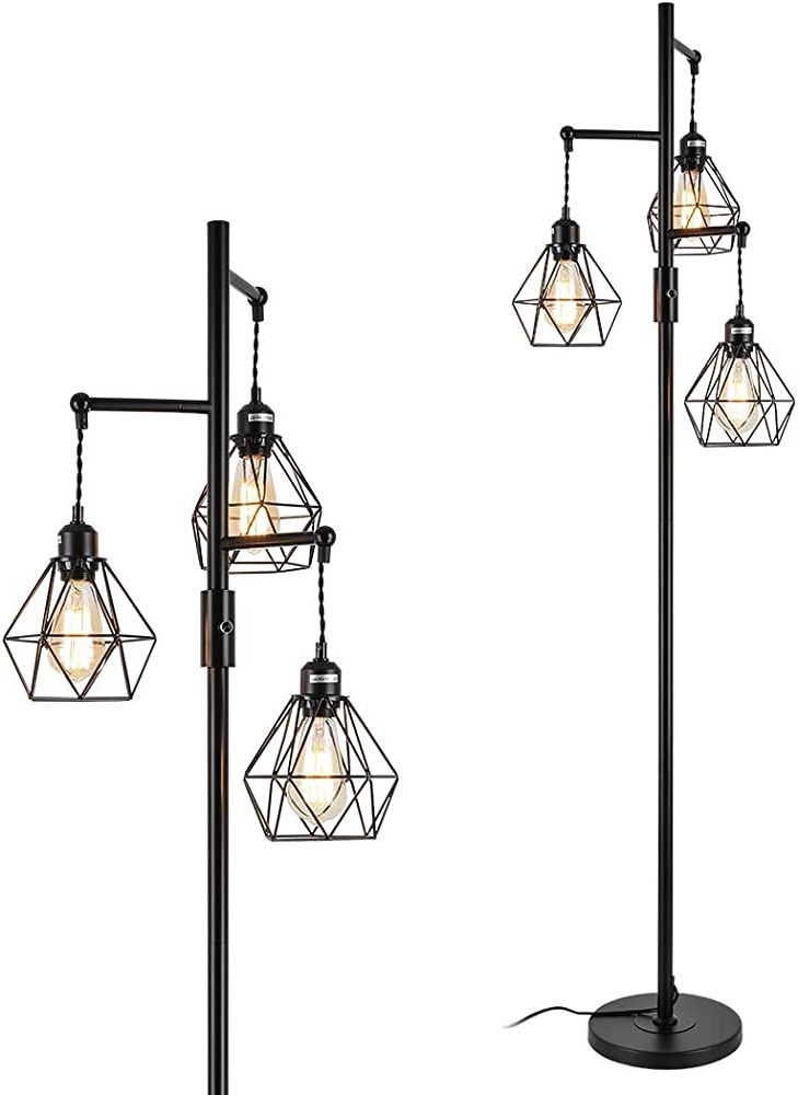 Jobtical 3 Lights Industrial Floor Lamp, Farmhouse Tree Tall Lamps For  Living Room, Black Hanging Standing Lamps, Minimalist Metal Diamond Shades,  Rustic Arch Lamp With Cup Shaped Cages – – Amazon Pertaining To Most Popular Diamond Shape Standing Lamps (View 13 of 15)