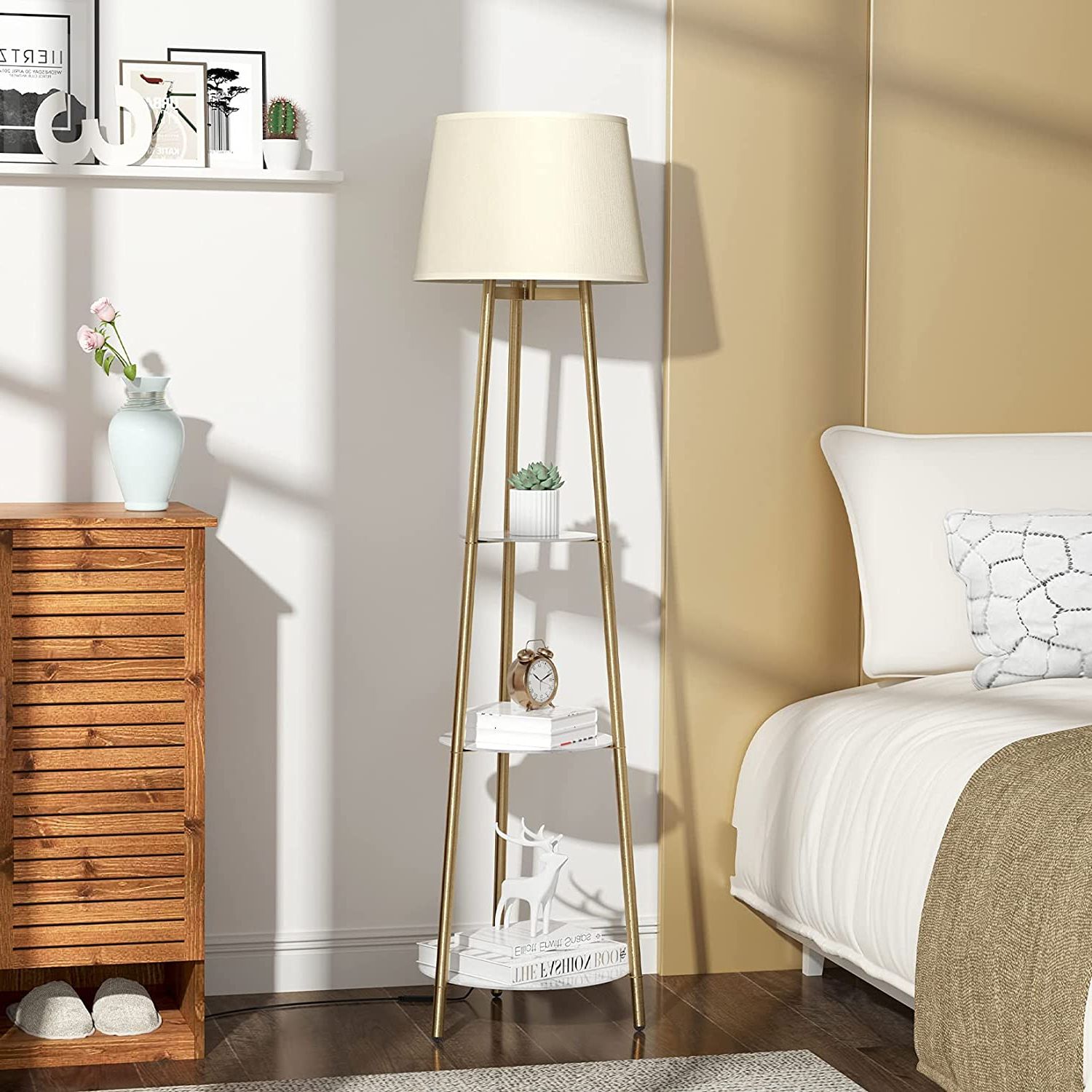 Luvodi Standing Floor Lamp With Shelves 3 Tier Tripod Standing Lamp With  Lampshade Golden Frame Modern Faux Marble Display Shelf Reading Lamp For  Living Room, Bedroom, Office. Plug In Powered : Amazon.co (View 4 of 15)