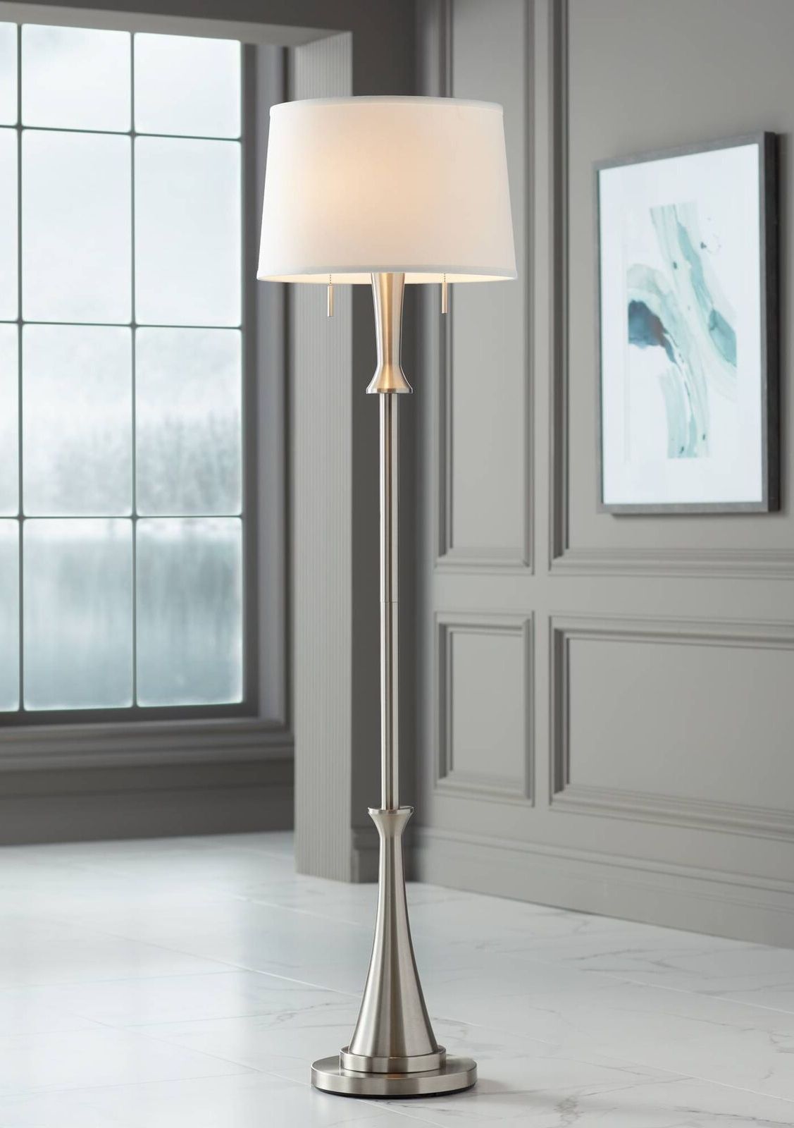 Modern Floor Lamp Brushed Nickel White Drum Shade For Living Room Reading  House (View 8 of 15)