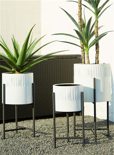 Modern Plant Stands Throughout Most Recent Glitzhome Mid Century Plant Stand With Pot Set Of 3 Modern Metal Planters  With Stands Flower Pot Holders Perfect For Indoor Outdoor Plants Plant Stand  Not Adjustable, White (View 15 of 15)