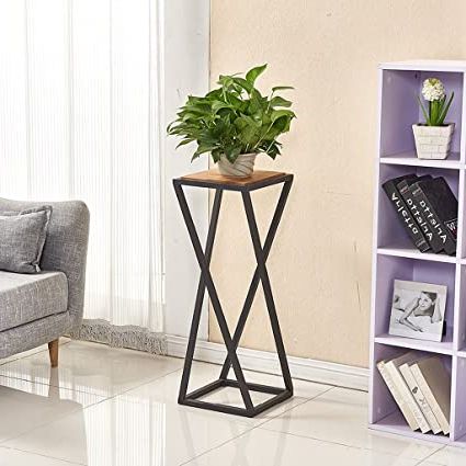 Most Current Zhen Guo Industrial Metal And Wood Corner Single Plant Stand, Black Steel  Bracket With Wooden Pot Shelf Holder, Table Lamp Stand (size : Height 60cm)  : Amazon.co (View 3 of 15)