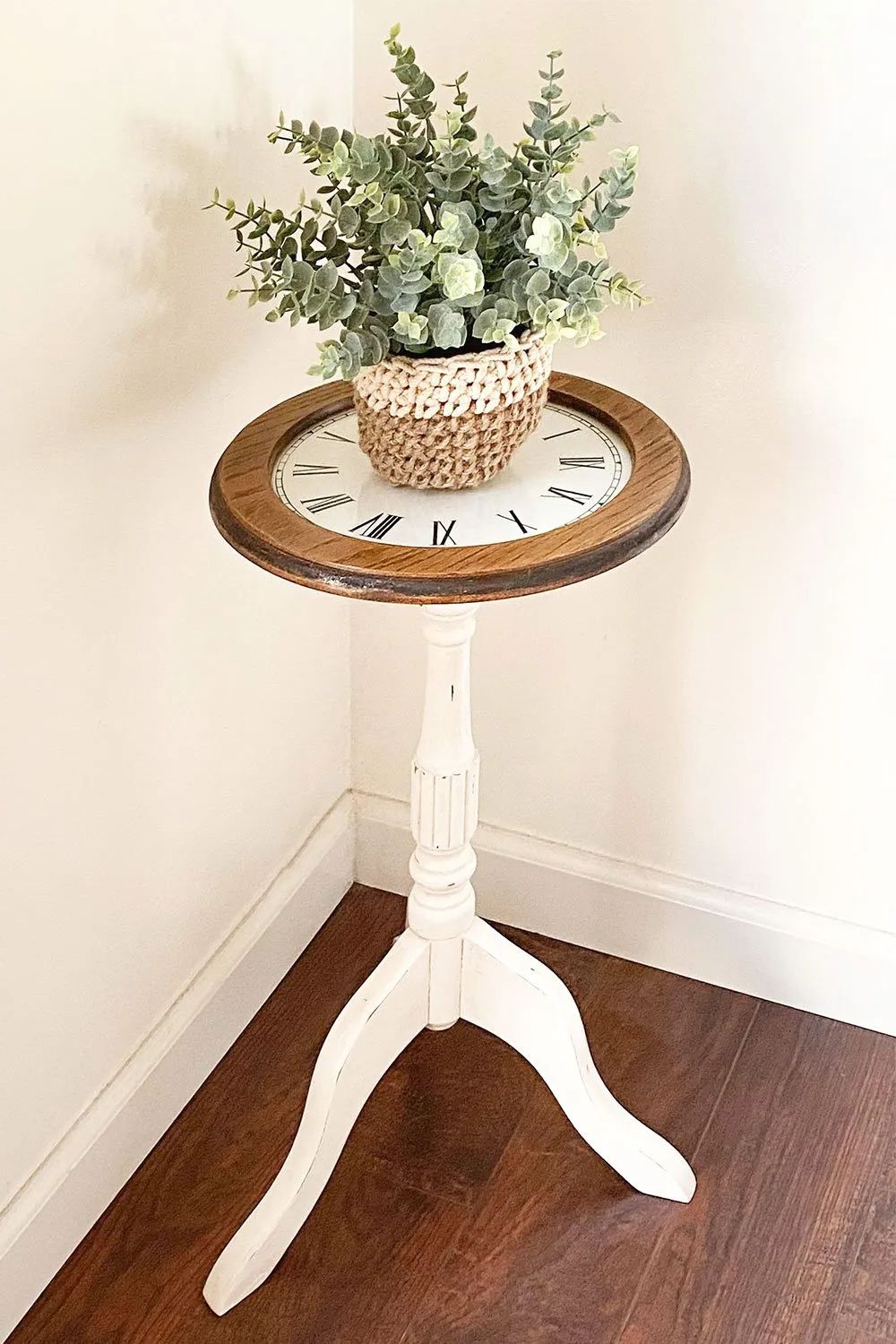 Most Recent Painted Wood Plant Stands Inside Refinished Wood Plant Stand With A Diy Vinyl Clock Tabletop – (View 2 of 15)