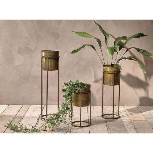 Most Recently Released Brass Plant Stands In Tall Standing Brass Planter, Antique Gold Iron Metal Planter, 3 Sizes,  Round Brass Plant Pot Cover, Ribbed Pot, Pot With Stand, Planter With Legs,  Tall Pot, Nkuku Kadassa (View 6 of 15)