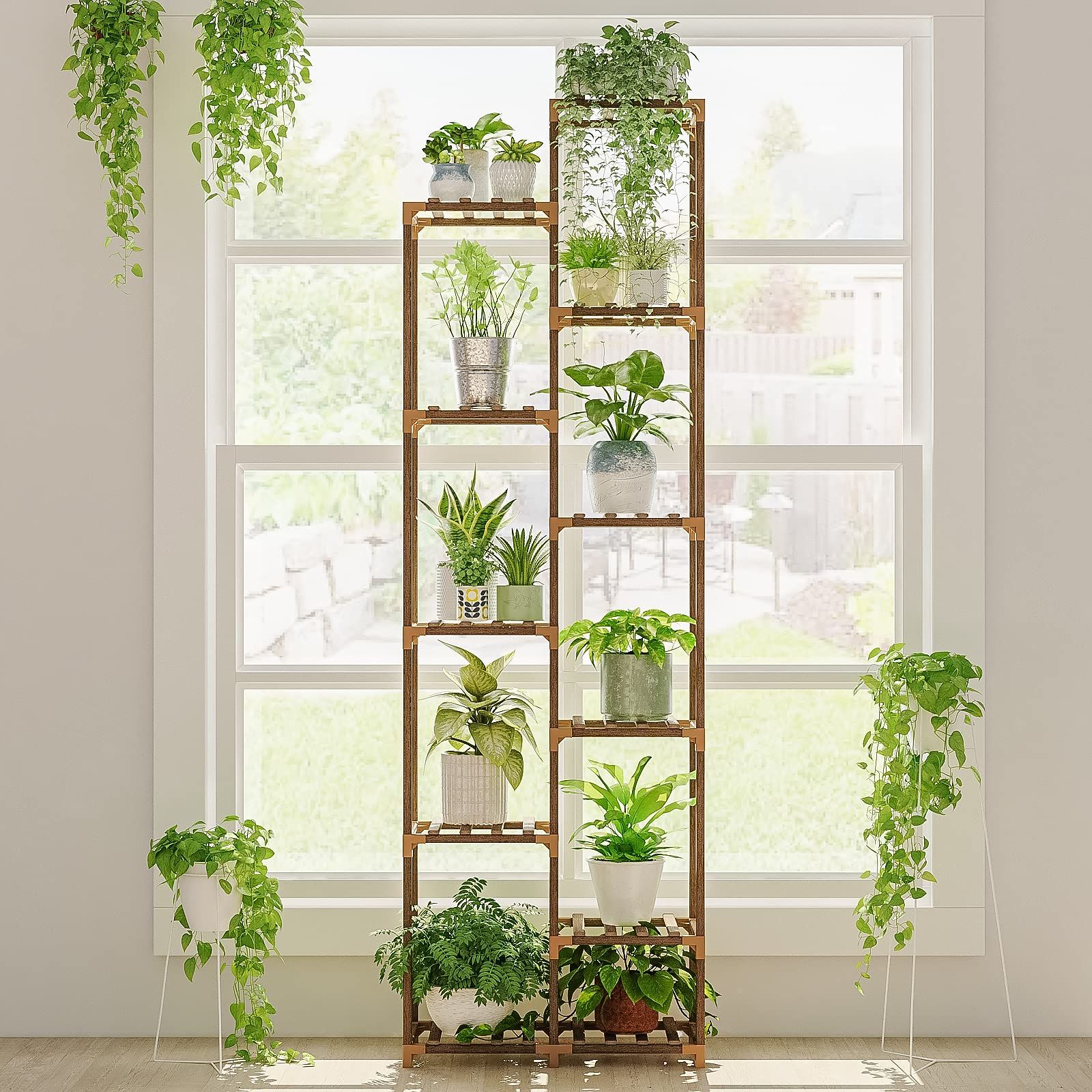 Newest Bamworld Tall Plant Stand Indoor Wood Outdoor Tiered Plant Shelf For  Multiple Plants In Tall Plant Stands (View 5 of 15)