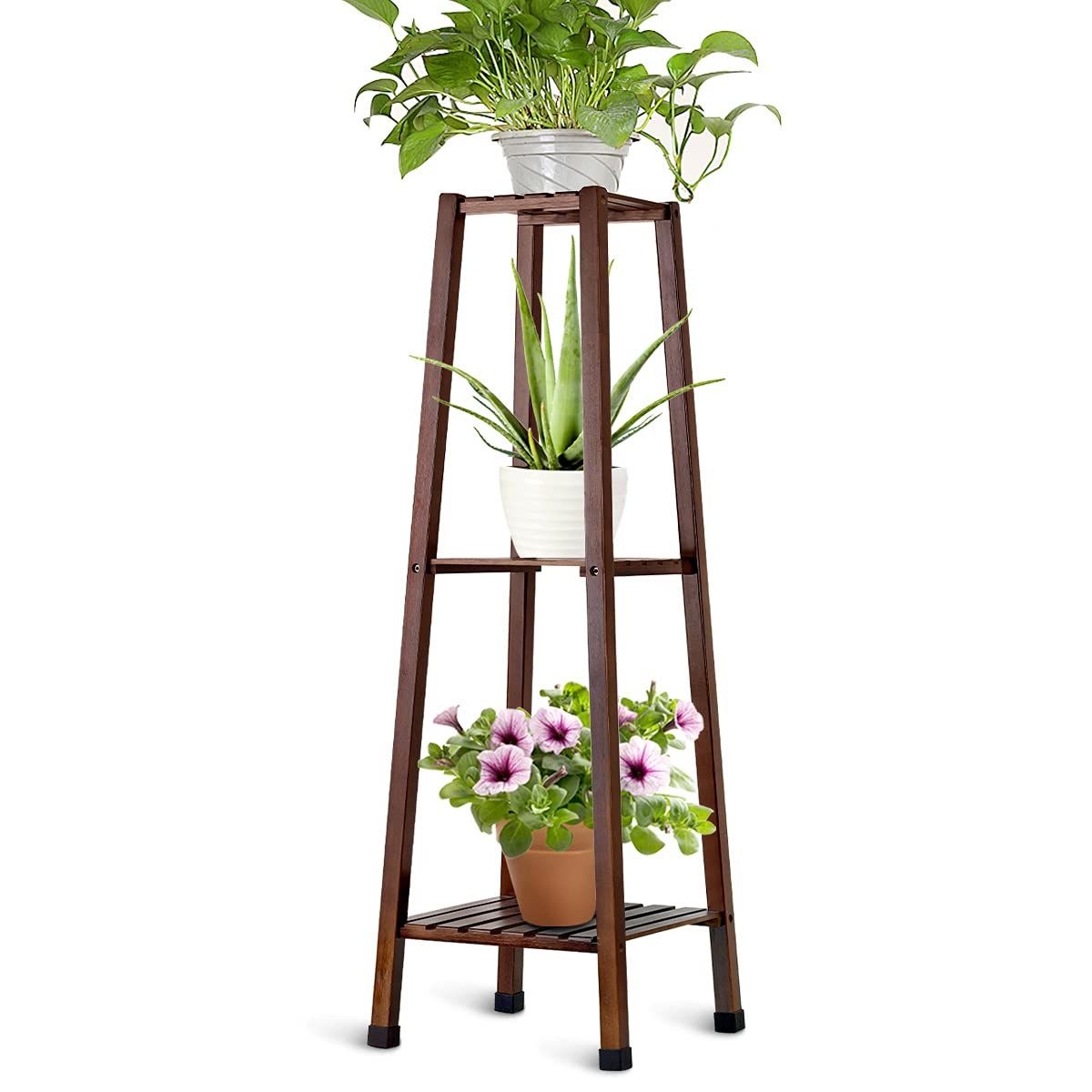 Newest Brown Plant Stands Throughout Ogori 3 Tier Indoor Plant Stands Mid Century Bamboo Plant Stand Display  Shelf, Dark Brown (View 1 of 15)