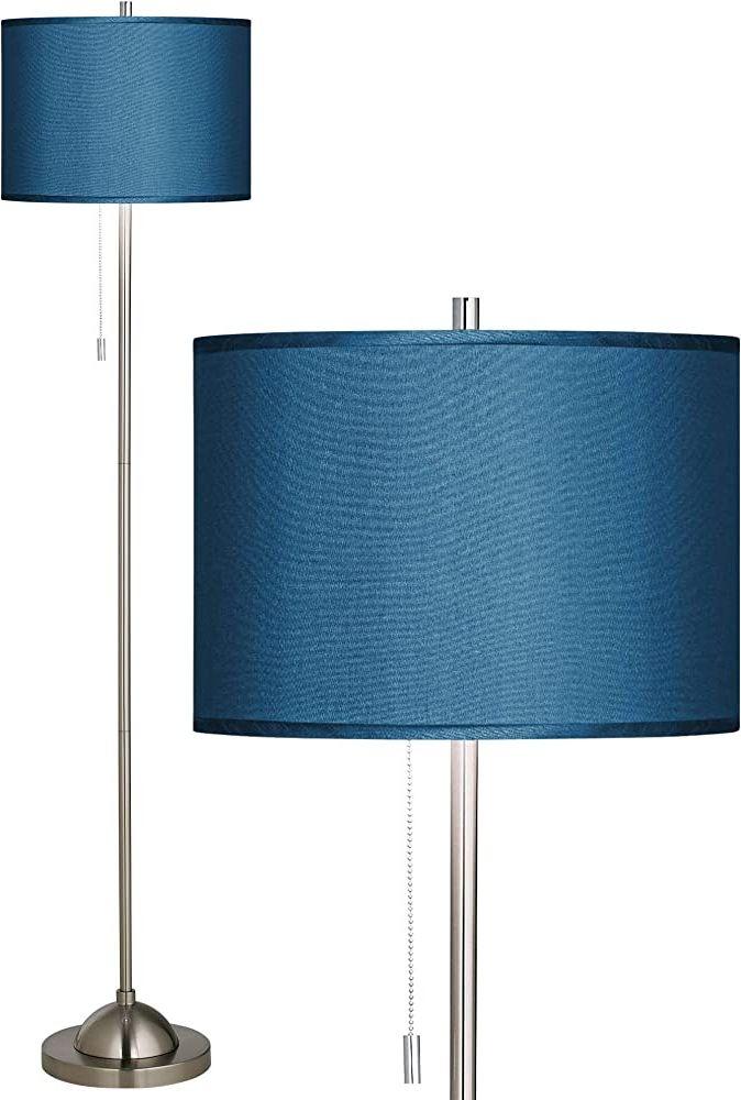 Newest Textured Linen Standing Lamps Intended For Possini Euro Design Modern Minimalist Pole Lamp Floor Standing Thin 62"  Tall Brushed Nickel Silver Blue Textured Fabric Drum Shade Decor For Living  Room Reading House Bedroom Home – – Amazon (View 9 of 15)
