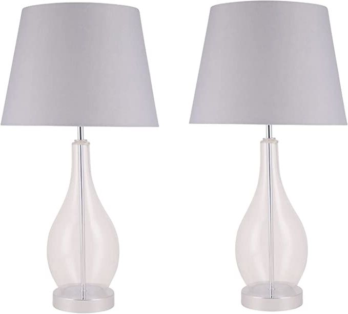 Pair Large Modern 56cm Table Lamp Bedside Light Clear Glass Grey Fabric  Shade : Amazon.co (View 4 of 15)