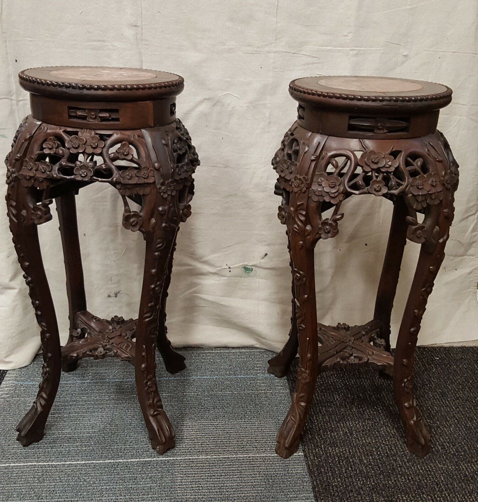 Pair Of Antique Chinese Carved Rosewood Marble Top Plant Stands/side Tables (View 4 of 15)
