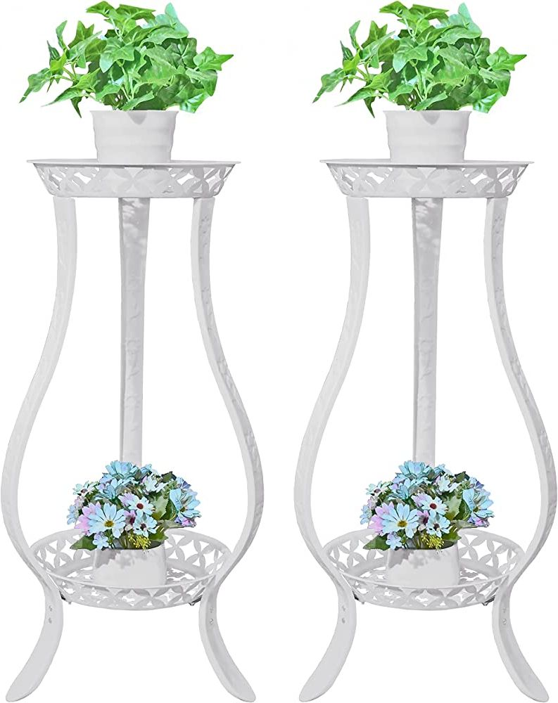 Popular White 32 Inch Plant Stands With Regard To Yeavs 2 Pack Metal Plant Stand 2 Tier, 32 Inch Rustproof Decorative Flower  Pot Shelf Rack Indoor Outdoor Garden Office, Planter Display Holders Stand ( White) (View 2 of 15)