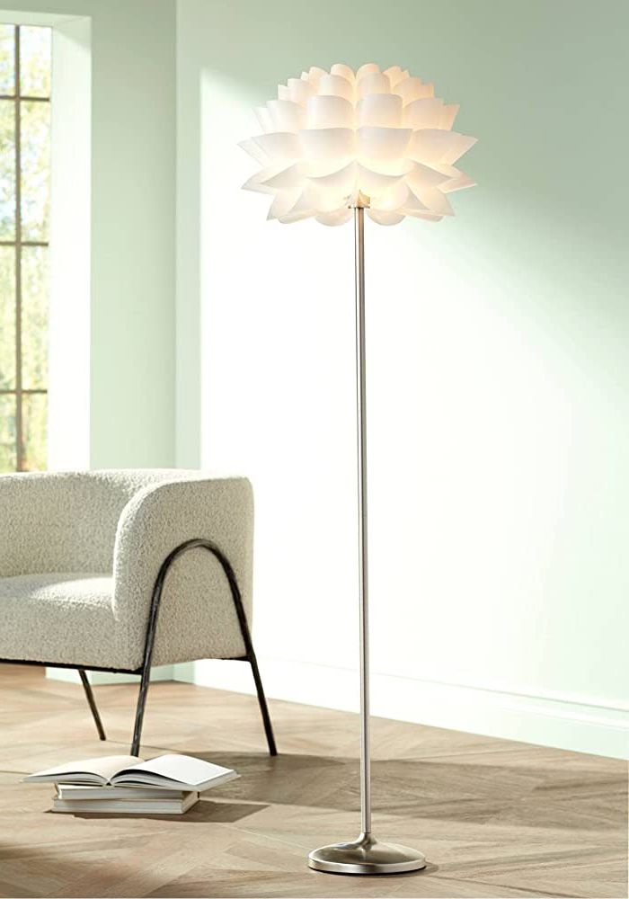 Possini Euro Design Modern Art Deco Floor Lamp Standing 63" Tall Brushed  Steel Silver Metal Thin Column White Acrylic Petal Flower Shade Decor For  Living Room Reading House Bedroom Family Home In Current Acrylic Standing Lamps (View 2 of 15)