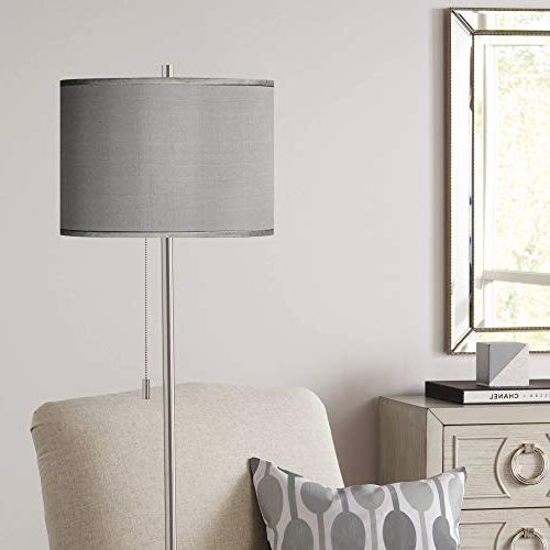 Possini Euro Design Modern Standing Floor Lamp 62" Tall Brushed Nickel  Silver Metal Gray Textured Fabric Drum Shade Decor For Living Room Reading  House Bedroom Home Office House – – Amazon Intended For Well Known Textured Fabric Standing Lamps (View 5 of 15)