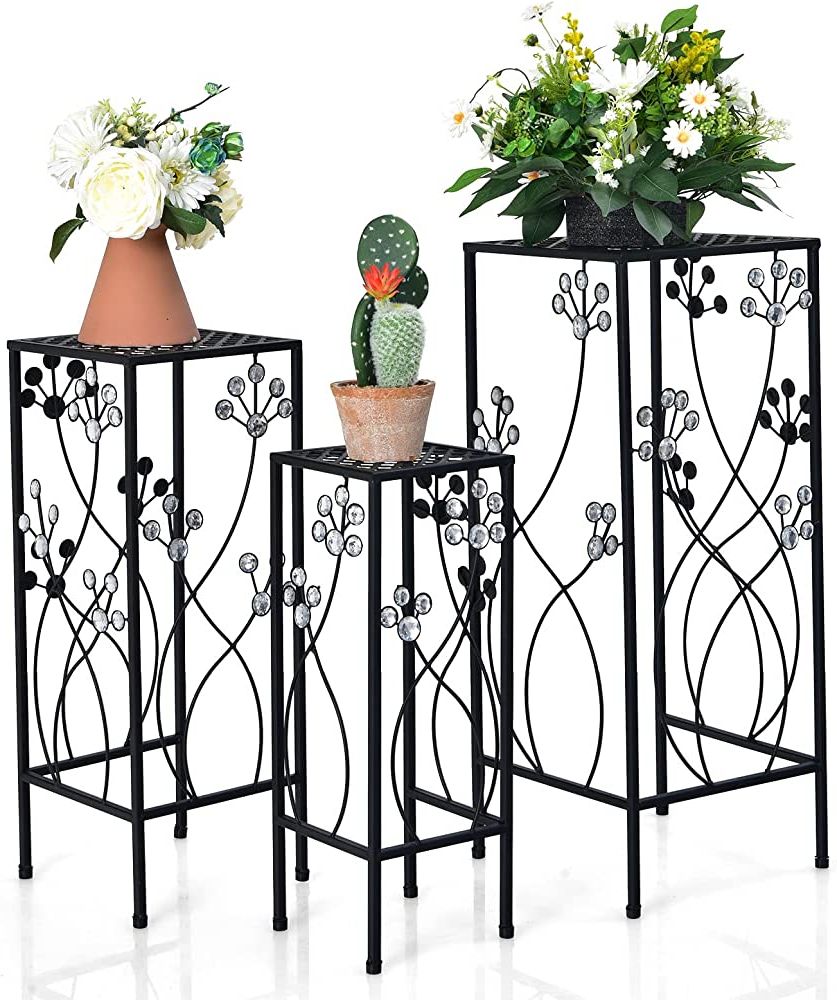 Preferred Set Of Three Plant Stands For Amazon: Giantex Set Of 3 Metal Plant Stand, 3 Pieces Flower Pots  Display Rack With Vines And Crystal Floral Design, Irons Planter Supports  End Table For Home Patio Garden (square) : Patio, (View 10 of 15)