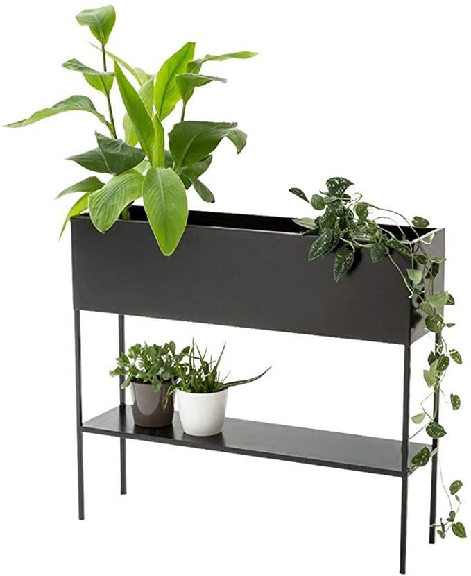 Ray Wrought Iron Plant Stand,nordic Style,indoor Raised Rectangular Planter  Box, Elevated Flower Pot Stand Holder With Shelf, Black Metal Frame (View 12 of 15)