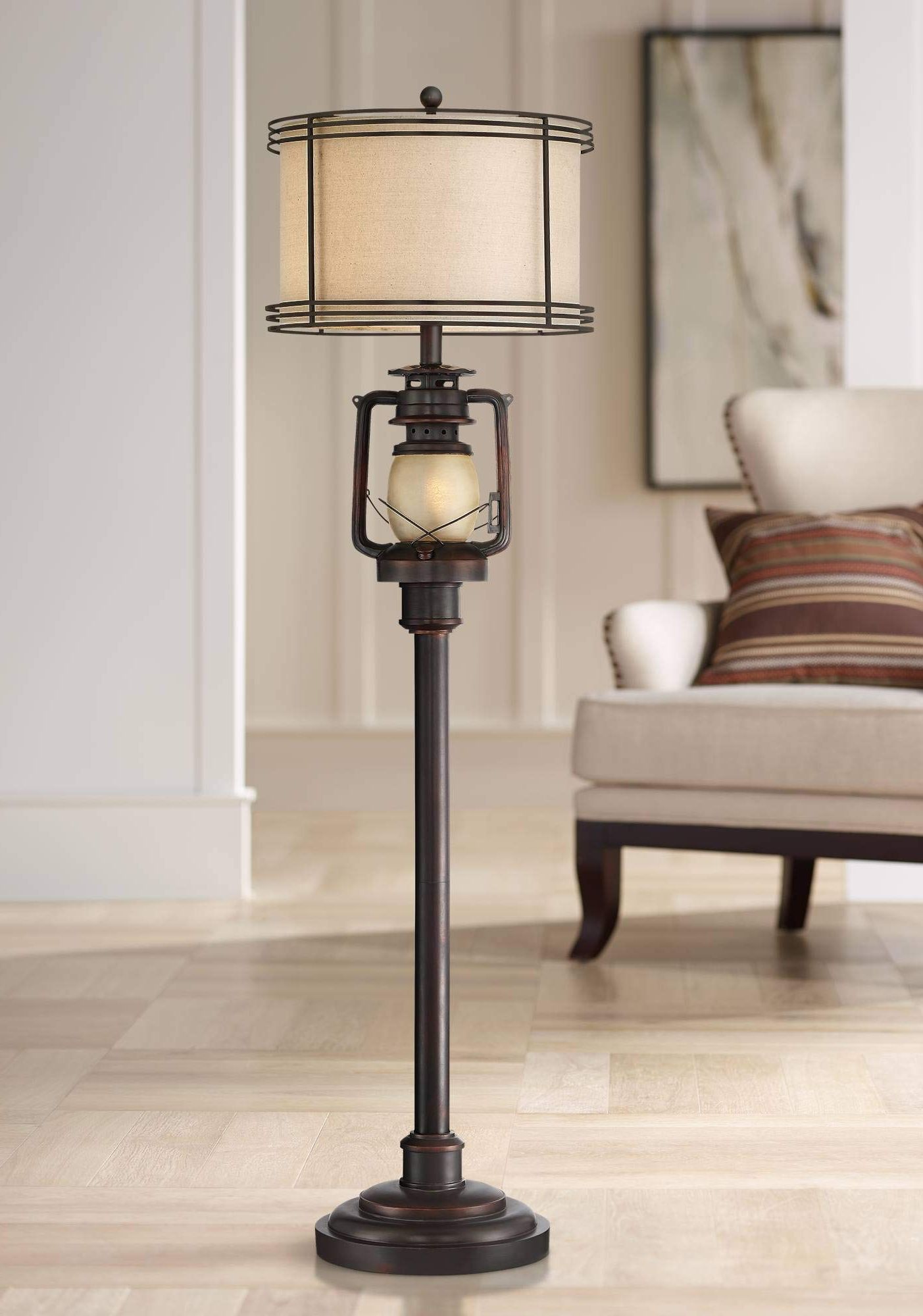 Recent Lantern Standing Lamps Pertaining To Barnes And Ivy Henson Rustic Industrial Farmhouse Standing Floor Lamp With  Night Light Glass 63" Tall (View 1 of 15)