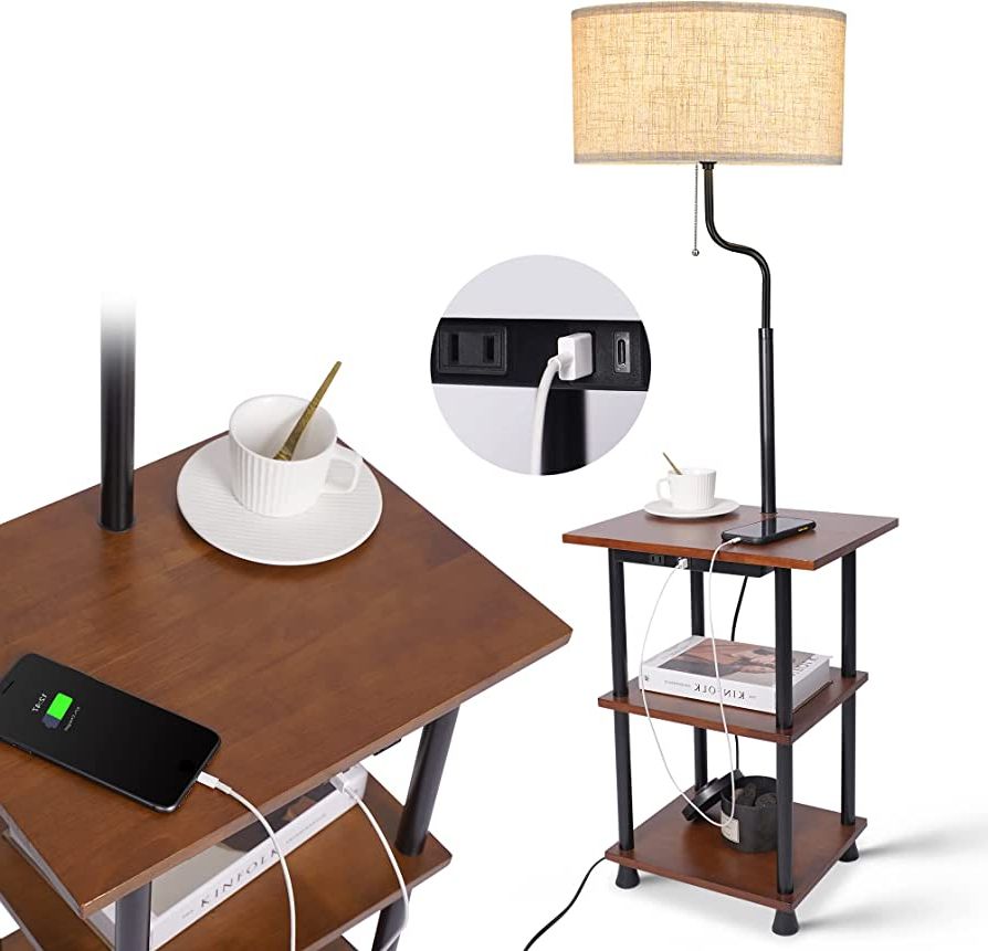 Rubberwood Standing Lamps Intended For Most Up To Date Elyona Rubber Wood Floor Lamp With Table, Rustic End Table Lamp With Usb &  Type C Charging Port & Outlet, 3 Tier Shelf Nightstand Tall Standing Lamp  For Living Room, Bedroom, Office, Led (View 7 of 15)