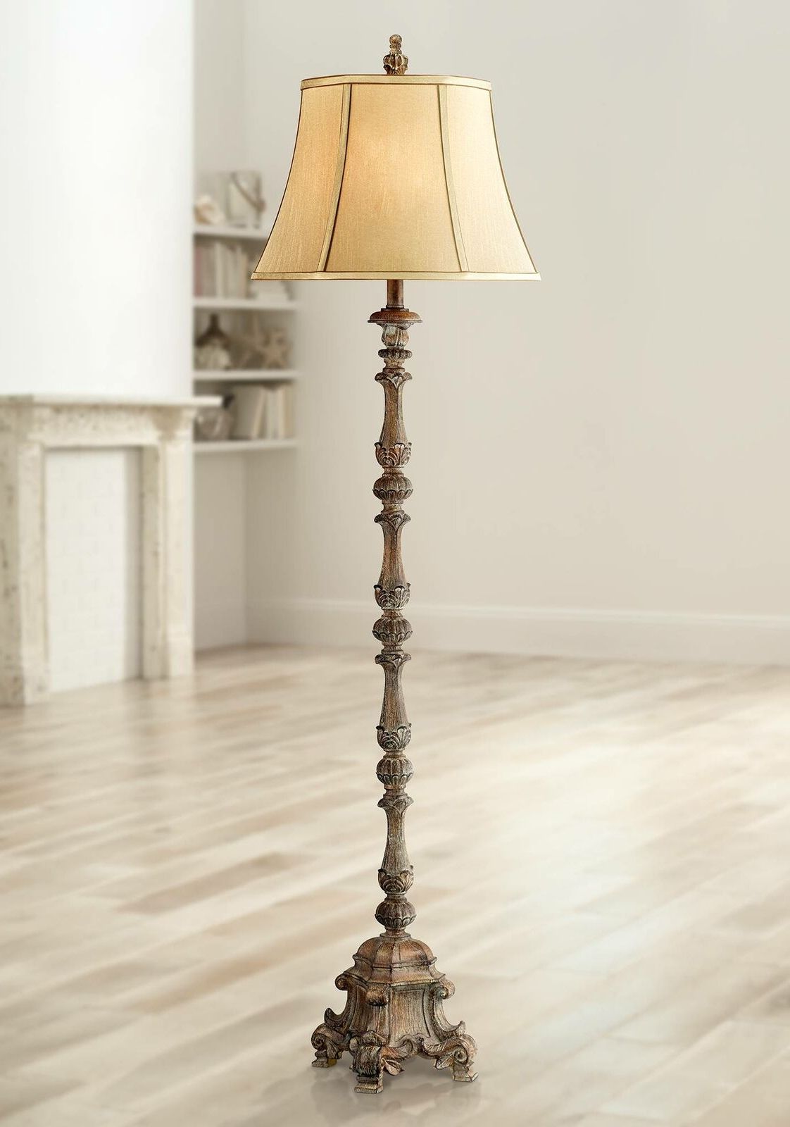 Rustic Standing Lamps In Current Rustic Floor Lamp French Faux Wood Antique Beige Bell Shade For Living Room (View 12 of 15)