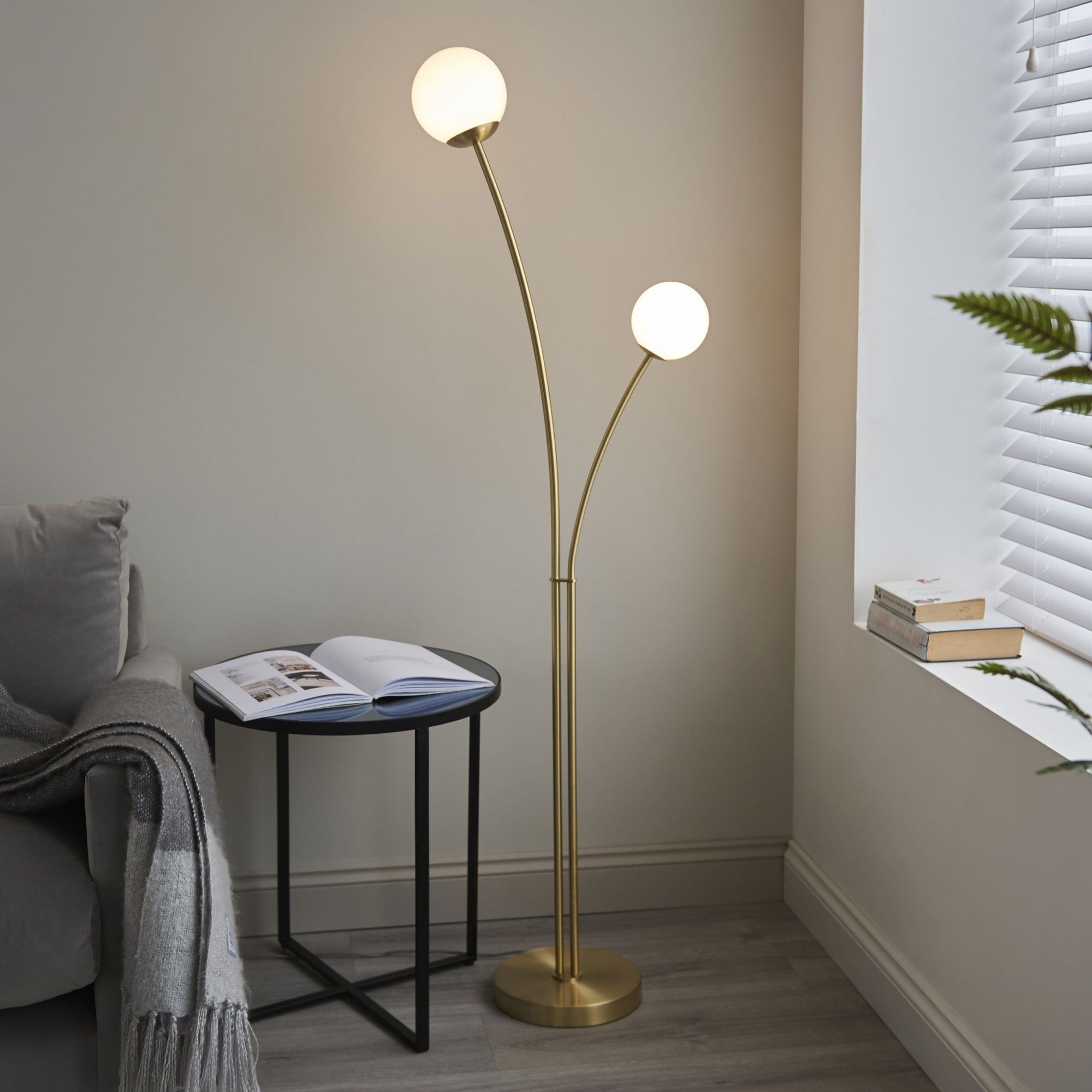 Satin Brass Standing Lamps With Regard To Well Known Endon Lighting Bloom Two Light Floor Lamp In Satin Brass & Opal Glass –  Fitting & Style From Dusk Lighting Uk (View 10 of 15)
