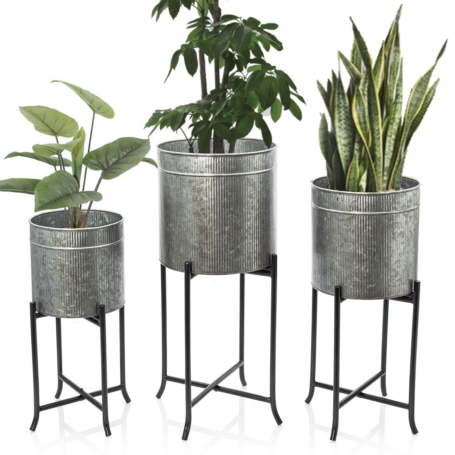 Set 3 Large Galvanized Planters Outdoor & Indoor, Metal Farmhouse Decor For  Garden, Patio, Porch & Intended For Latest Galvanized Plant Stands (View 9 of 15)