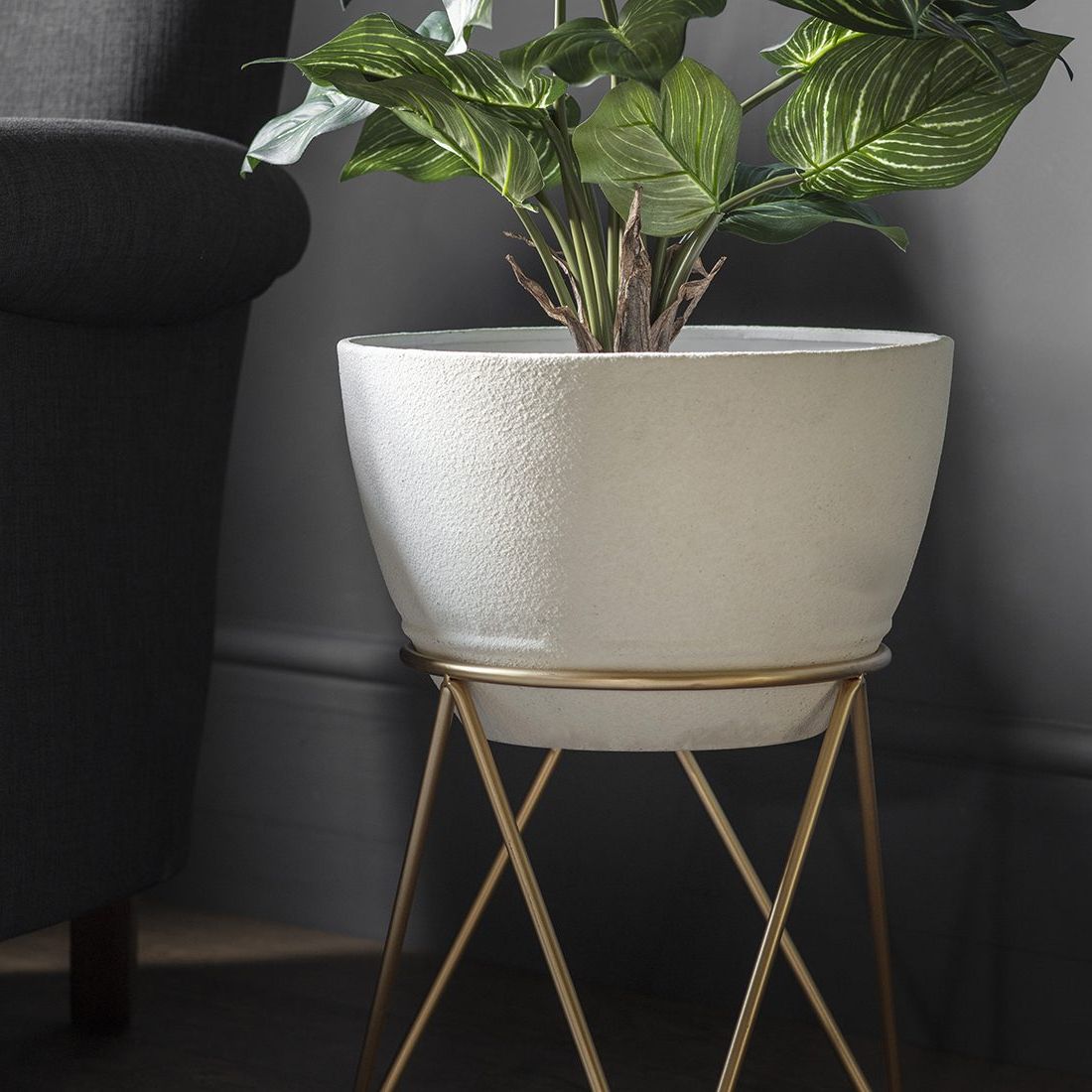 Set Of Two Ivory Planters With Gold Geometric Stand – Primrose & Plum Pertaining To Fashionable Ivory Plant Stands (View 1 of 15)