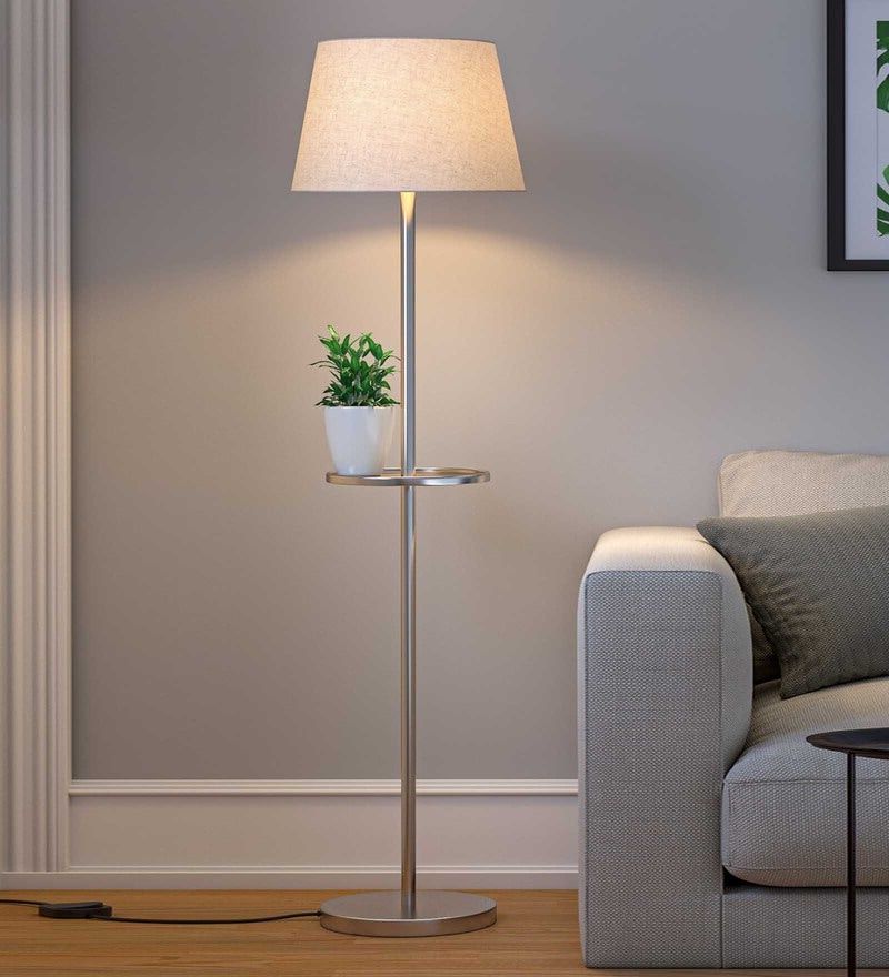 Stainless Steel Standing Lamps Inside 2019 Buy Modern Metal Floor Lamp Standing With Table Shelf Stainless Steel  Finish 5ft Height With 16 Inches Off White Lamp Shadekp Lamps Store  Online – Shelf Floor Lamps – Lamps – (View 10 of 15)
