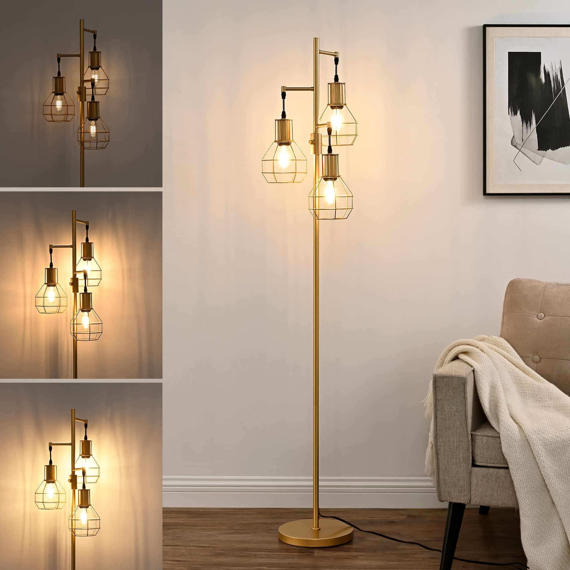 Standing Lamps With Dimmable Led Throughout Recent Amazon: Edishine Gold Floor Lamp For Living Room, Farmhouse Dimmable  Floor Lamps With 3 Led Edison Bulbs, Modern Tall Standing Corner Lamp With  Elegant Metal Heads For Bedroom, Office, Industrial Home Decor : (View 3 of 15)
