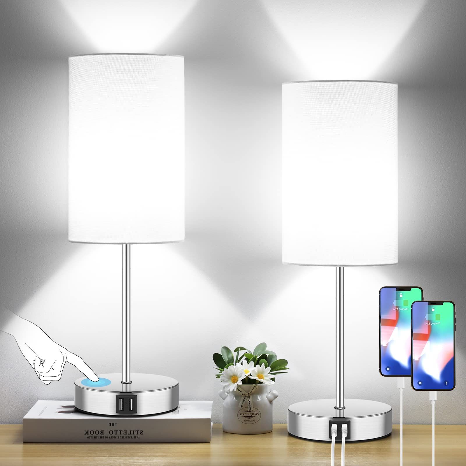 Touch Control Table Lamps Set Of 2, 3 Way Dimmable Modern Nightstand Lamps  With Usb Charging Ports & Ac Outlet, Brushed Nickle Bedside Desk Lamps With  White Shades For Bedroom, 5000k Led Regarding Current Standing Lamps With Usb Charge (View 11 of 15)