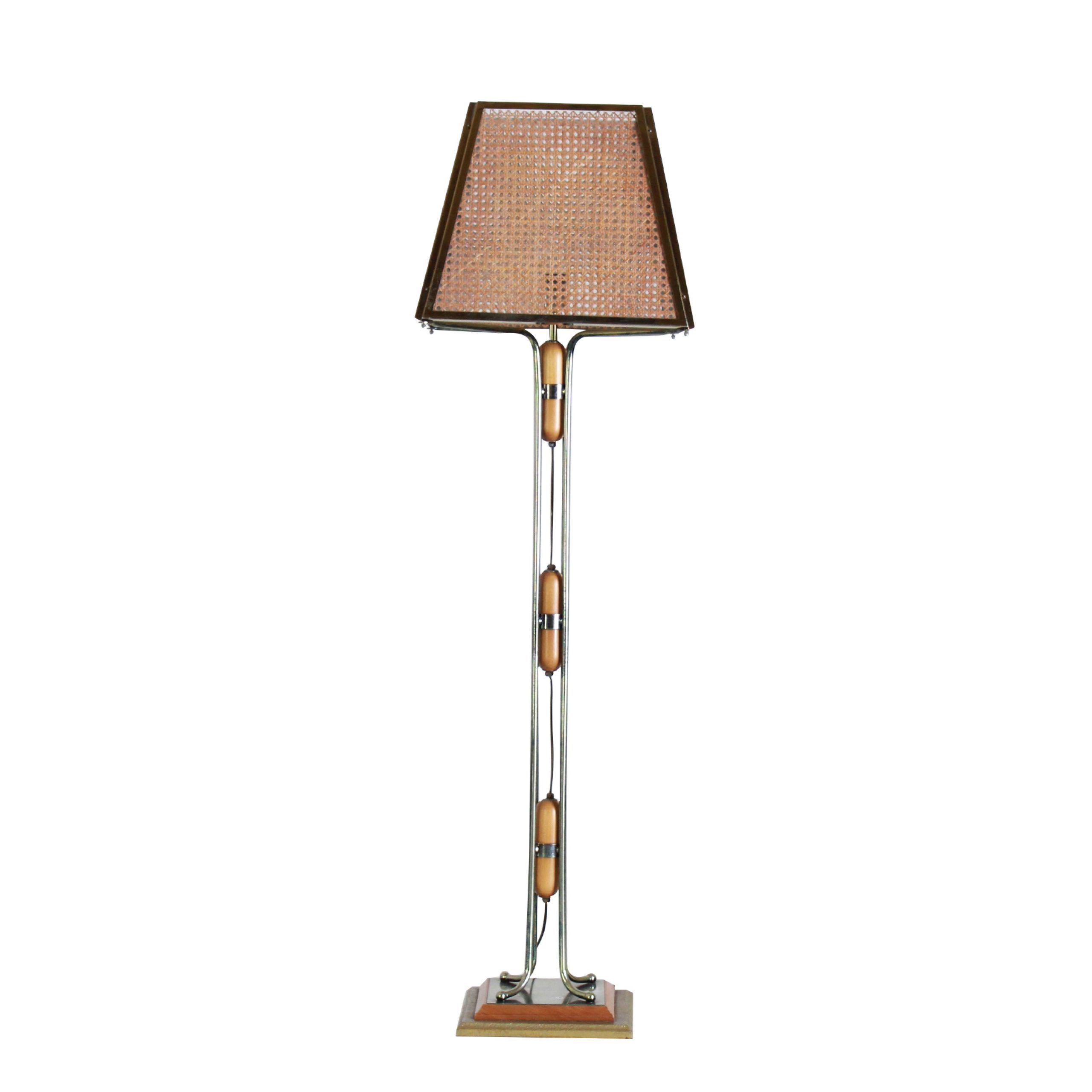 Trendy Floor Lamp In Brass Plated Steel, Beech And Vienna Straw, 70s (View 15 of 15)
