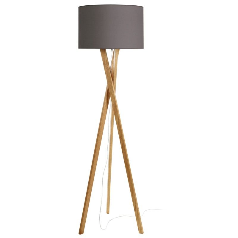 Trendy Oak Tripod Floor Lamp With Cotton Earth Grey Shade – R&s Robertson In Oak Standing Lamps (View 7 of 15)