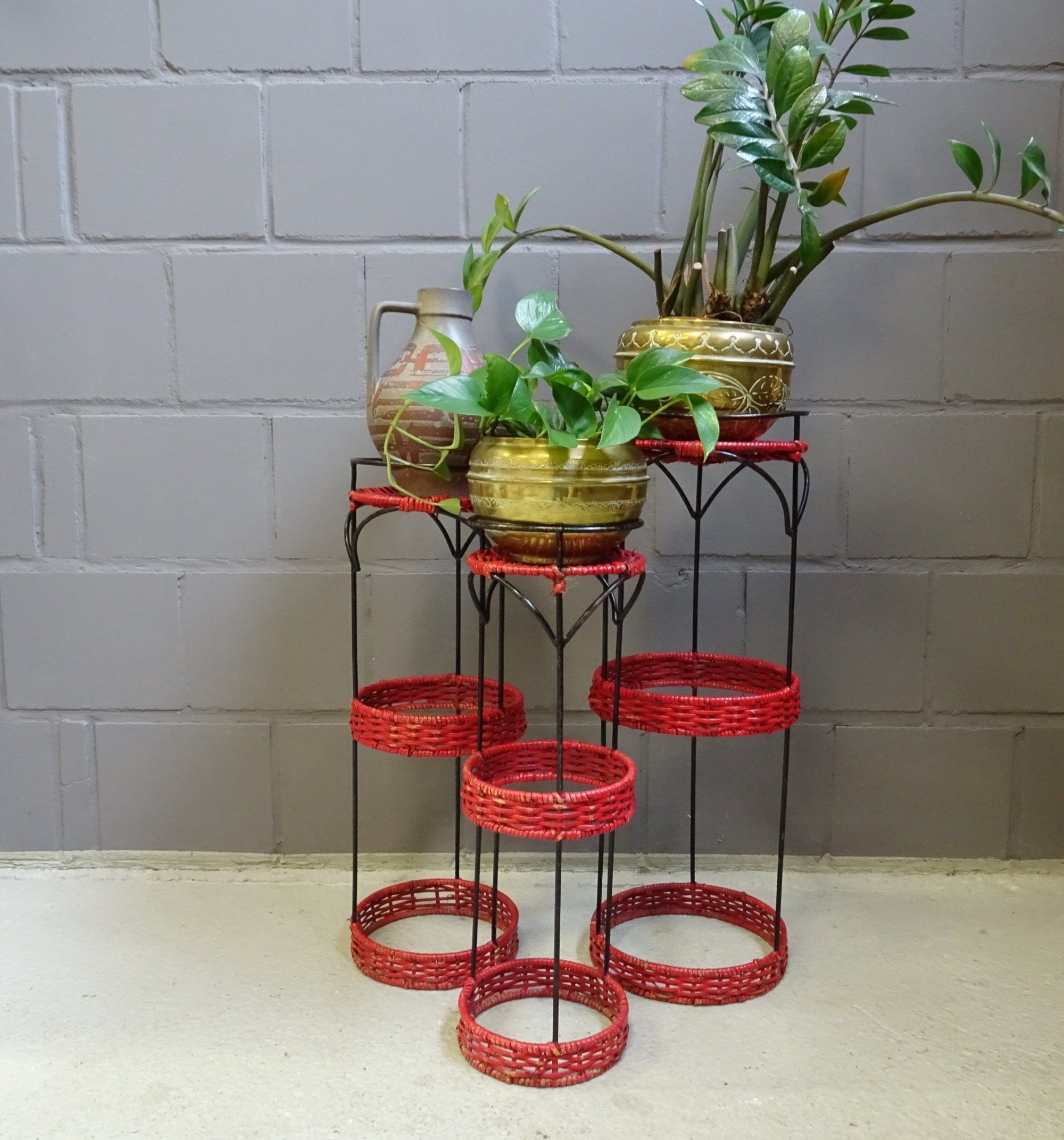 Trendy Red Plant Stands Intended For Plant Stand Set Of Metal And Rattan Round Flower Columns Red – Etsy (View 8 of 15)
