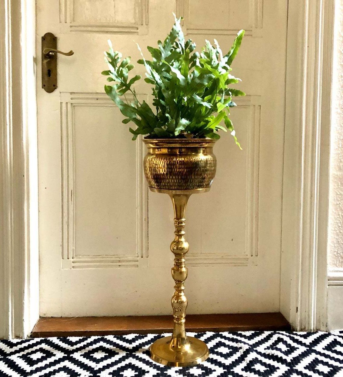 Vintage Brass Planter And Plant Stand 25”, Tall Pedestal And Brass  Jardiniere, Gold Plinth (View 7 of 15)