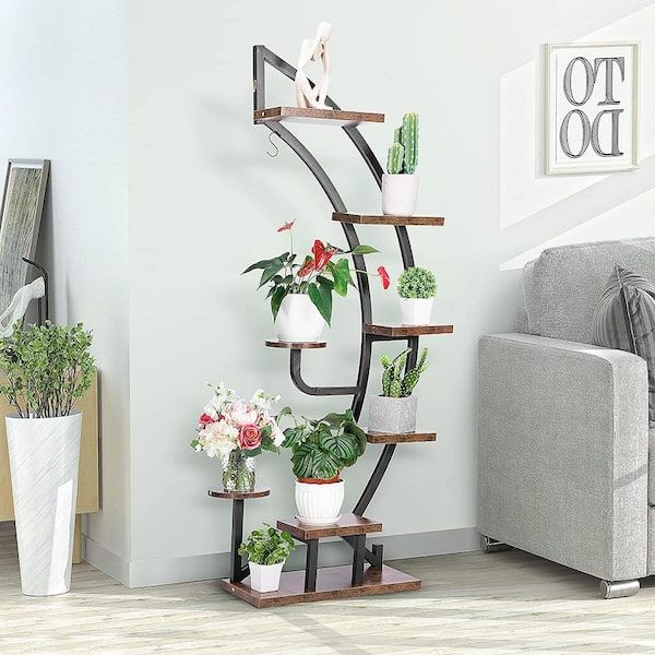 Well Known Vivohome 6 Tier 9 Potted Steel Wood Curved Plant Stand With Hanger In Rustic  Brown X002w53i1z – The Home Depot Pertaining To Rustic Plant Stands (View 7 of 15)