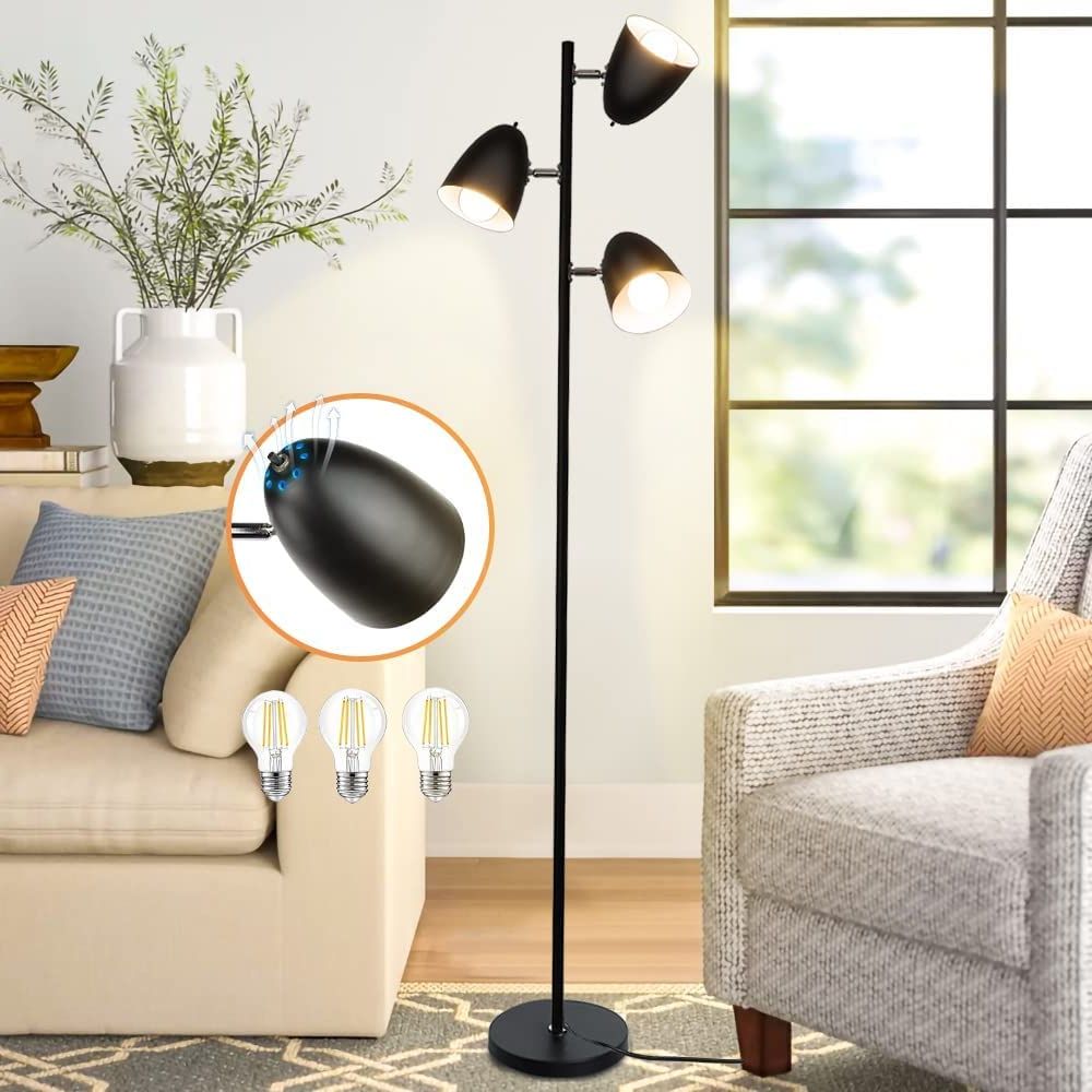 Well Liked Dllt Tree Floor Lamp, 3 Light Industrial Standing Lamp, Modern Reading Floor  Lamp With Adjustable Metal Heads, Black Pole Tall Floor Light For Living  Room Bedroom Office, E26 Base (led Bulbs Included) – – Pertaining To 3 Light Tree Standing Lamps (View 4 of 15)