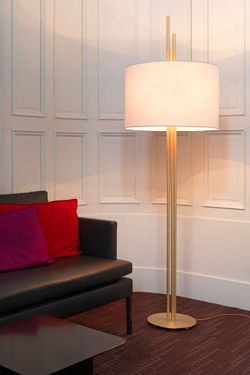 Well Liked Upper Design Floor Lamp, Gilded, In Satin Brass Tube, White Lampshade Cvl  Luminaires – Contemporary Lighting, Made In France, Massive Brass – Réf (View 9 of 15)